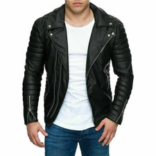 Men's Black Genuine Lambskin Leather Quilted Motorcycle Biker Jacket Zipper Coat