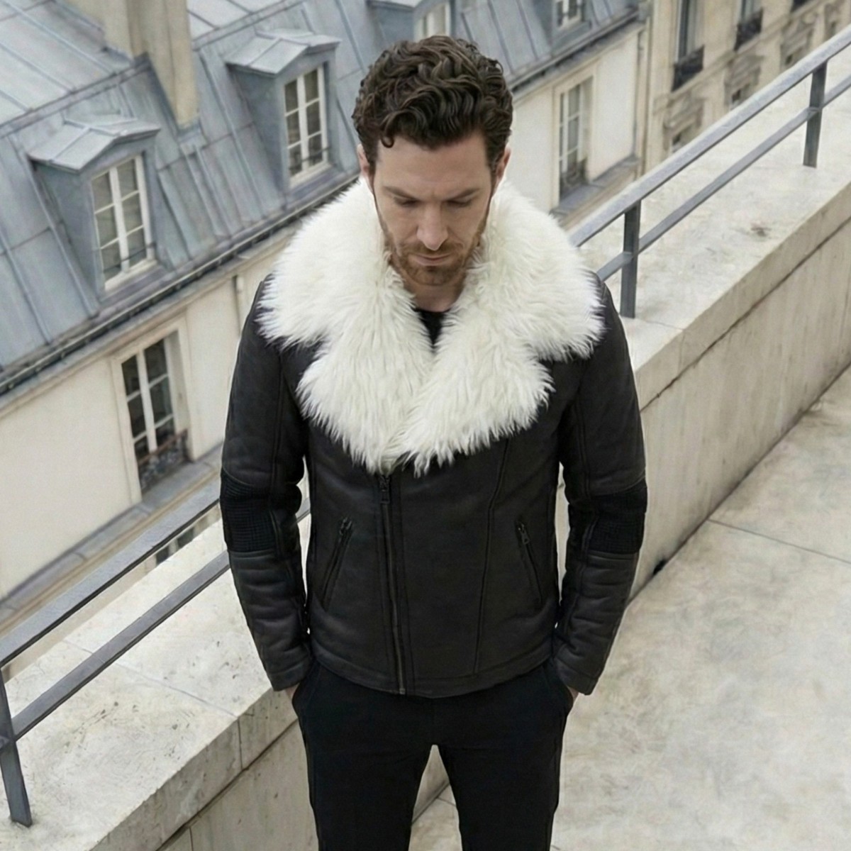 Helmut Lang Black Film-Coated Moto Jacket with Faux Fur Trim