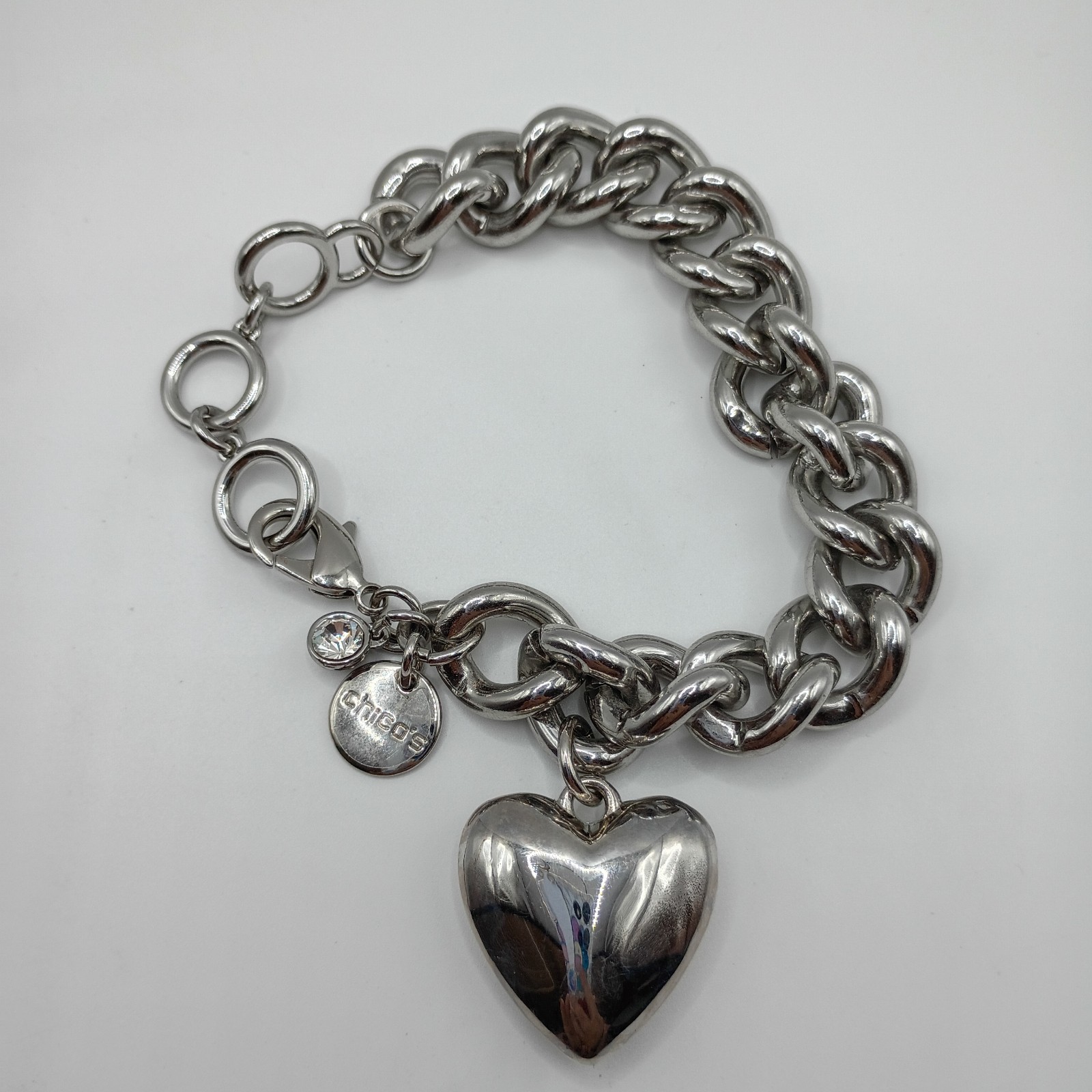 Chico’s Silver Tone Chunky Link Heart Charm Bracelet Rhinestone Y2K HEAVY 8