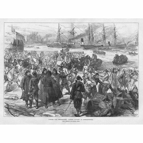 TURKEY Landing Cavalry at Constantinople Preparation for War Antique Print 1877