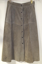 X8 - 70s Vintage Taupe Stitch Suede Snap Front Skirt 10 Hippie Era