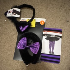 Celebrate Black  Purple Cat Kit with Ears, Tail, Bow  Striped Tights M 7/8