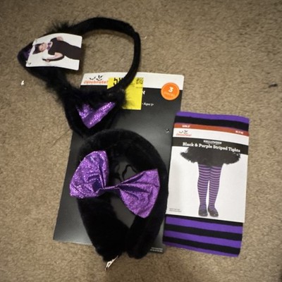 Celebrate Black & Purple Cat Kit with Ears, Tail, Bow & Striped Tights M 7/8