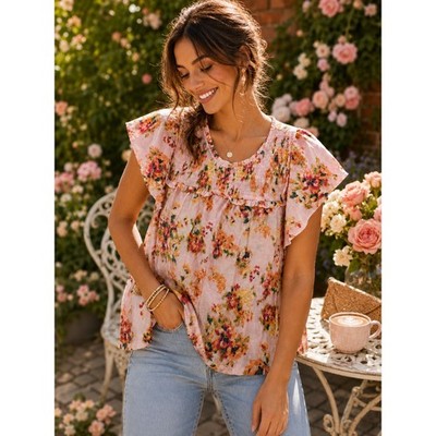 Romantic Floral Top Cottagecore Garden Party Boho Flutter Sleeve Pink Sz L