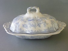 Antique Asiatic Pheasants Vegetable Tureen & Lid - RH Rectangle Blue White