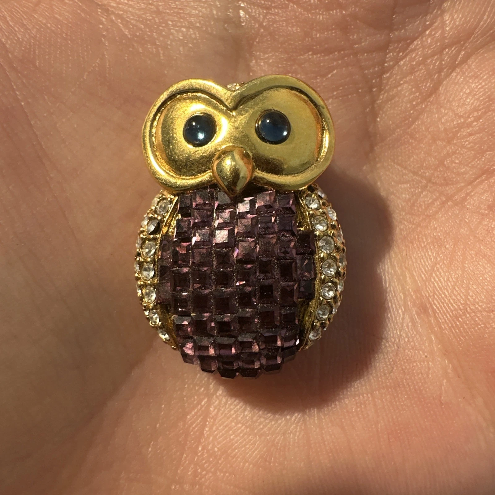 Petite Broche Chouette Dorée Strass Blanc Et Violet Bijoux Fantaisie