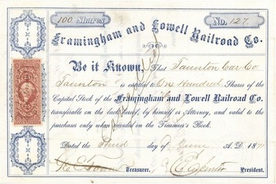 Framingham and Lowell Railroad Co. - Railway Stock Certificate - Railroad Stoc