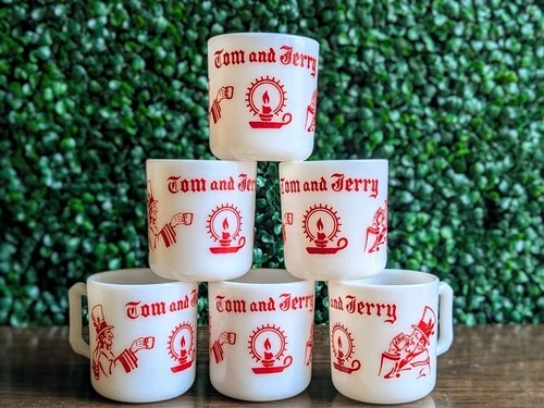 Vintage Hazel Atlas Tom and Jerry Milk Glass Mug 1950s Red and White 7 oz