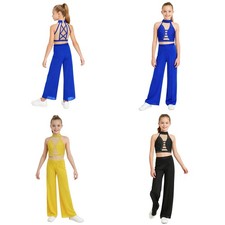 Kids Girls Lyrical Dance Mesh Patchwork Outfit Contemporary 2-Piece Ballet