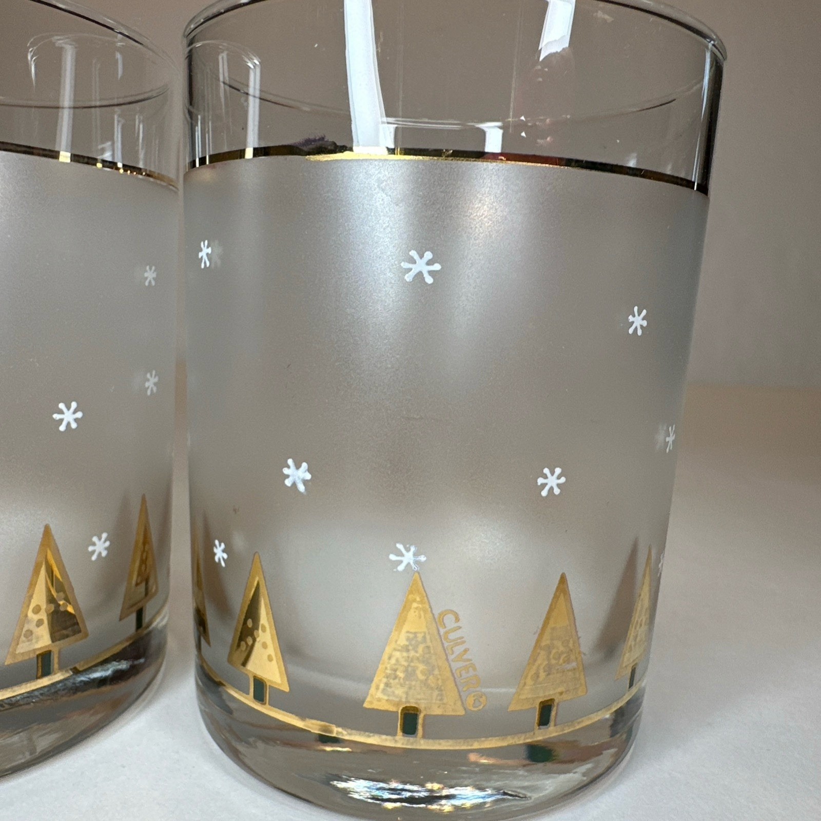 (2) Vintage Culver Double Old Fashion Frosted Gold Christmas Tree Glasses MCM