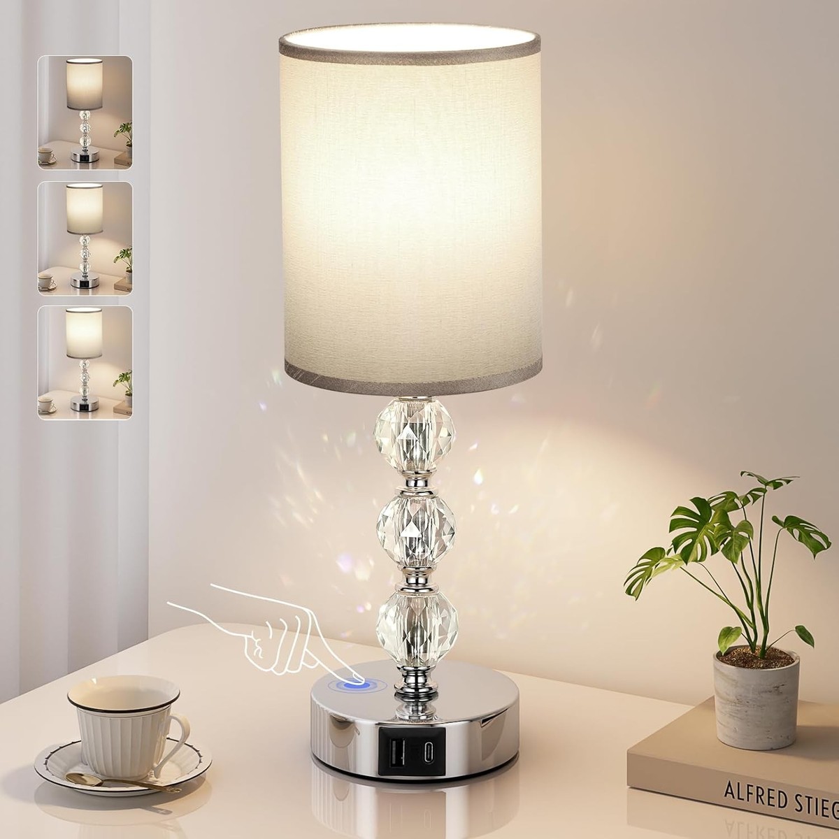 Aooshine Touch Table Lamp, Crystal Grey Bedside Lamps with Way