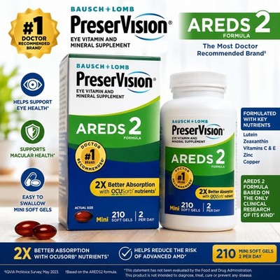 Bausch + Lomb PreserVision AREDS 2 Mini Soft Gels 210 Ct Eye Vitamin Exp 10/27