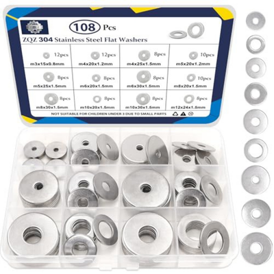 #ad 108Pcs 304 Stainless Steel Flat Washers Fender Washers Assortment Kit 12 Sizes $9.49