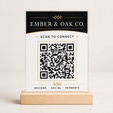 Customer Reviews Custom Acrylic QR Code Sign 5x7 Wood Stand Review WiFi Business Logo