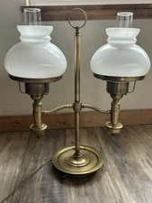 Vintage Brass Double Victorian Style Student Lamp White Glass Hurricane Shade