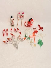 Lot Of 20 Vintage Christmas Picks Santa Heads Snowmen Plastic & Spun Cotton