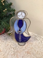 STAINED GLASS Blue ANGEL Holding Crystal - Free Standing - Home Decor