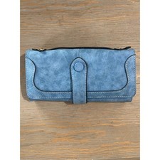 Blue Faux Suede Wallet Clutch Organizer Card Holder Snap Closure