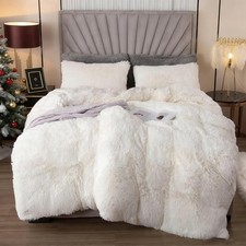Luxury White Fuzzy Duvet Cover Set King Size 3 Pieces Fluffy Comforter Cover Set