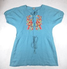 Ivy Jane Midi Dress Green Aqua Womens XL Embroidered Birds Flowers 100% Linen 