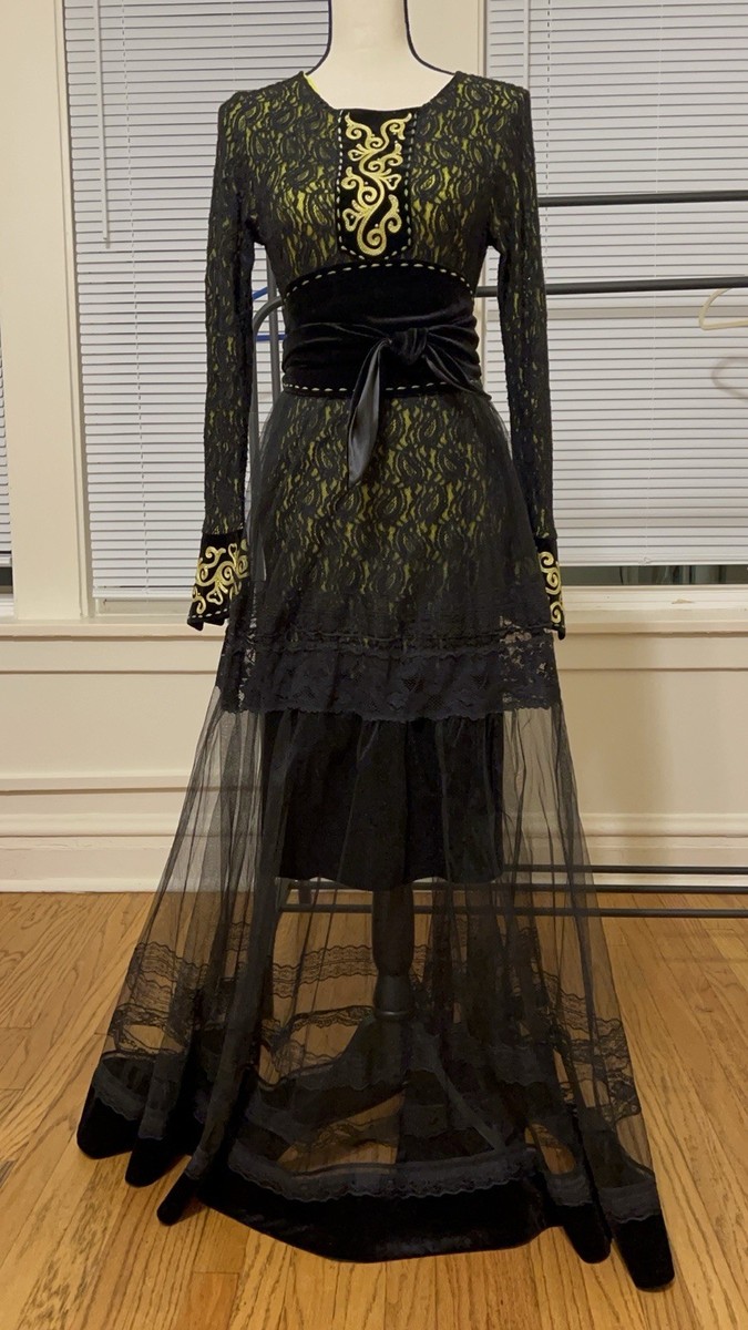 Black Gold Lace Maxi Dress with Velvet Belt, Sheer Overlay, Long Sleeves