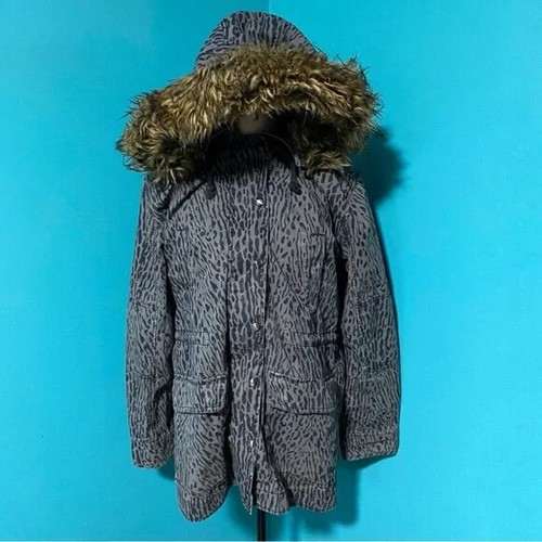 GAP L Gray Animal Print Faux Fur Trim Parka Jacket Coat - Picture 2 of 6