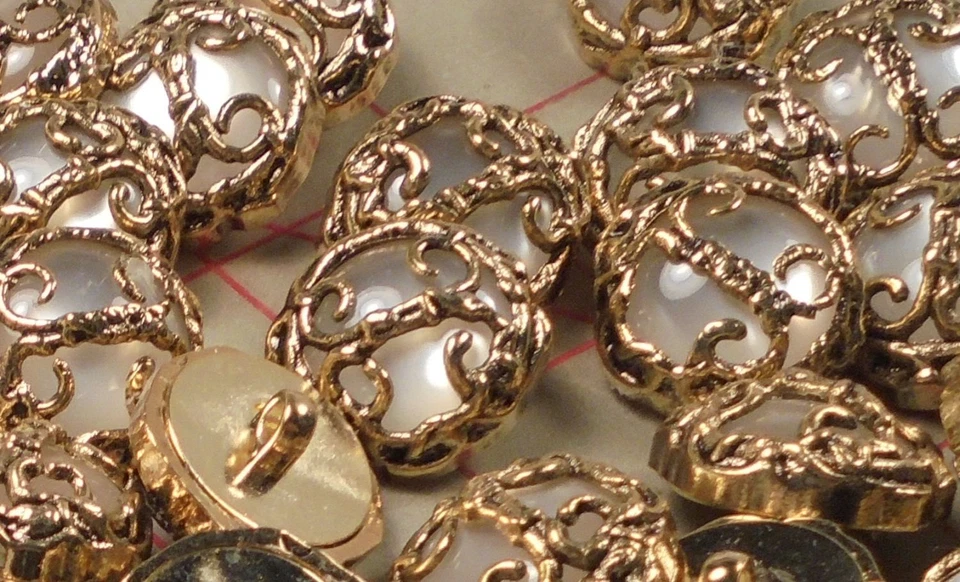 12 Large Vintage Pearlized White Shank Buttons Symetrical Golden Filigree 1" - Image 3 of 4