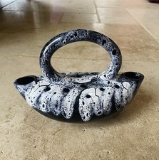 Vase Pique Fleurs Vintage En Céramique Émaillée Bleu Nuit Et Blanc 60’s / 70’s