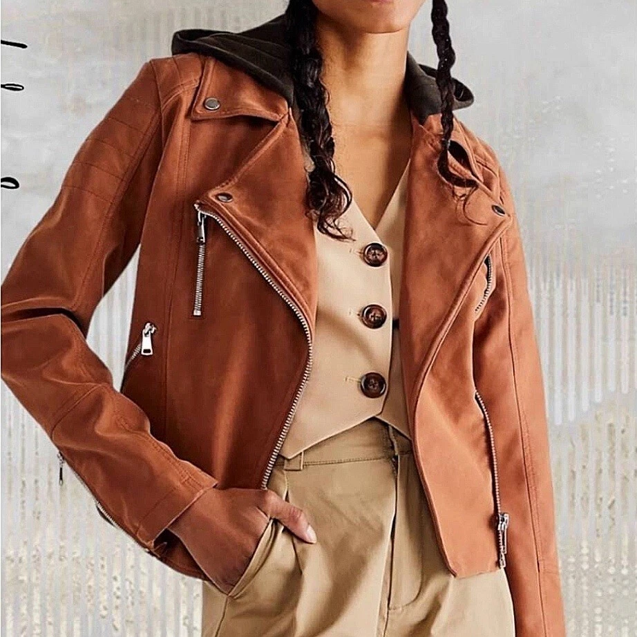 NWT $198 Free People Lg Harriet Hooded Vegan Leather Moto Jacket Chocolate - Image 2 of 4