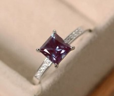 925 Sterling Silver 6 mm Princess Cut Alexandrite Gemstone Cubic Zircon Ring