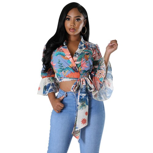 Damen-T-Shirt ausgestellte Ärmel V-Ausschnitt Schnürung Blumendruck bunt lässig Tops - Bild 8 von 8