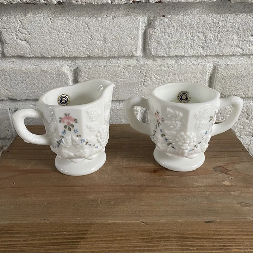 VTG WESTMORELAND Hand-Painted Rose Paneled Grape Milk Glass Creamer/Sugar Set