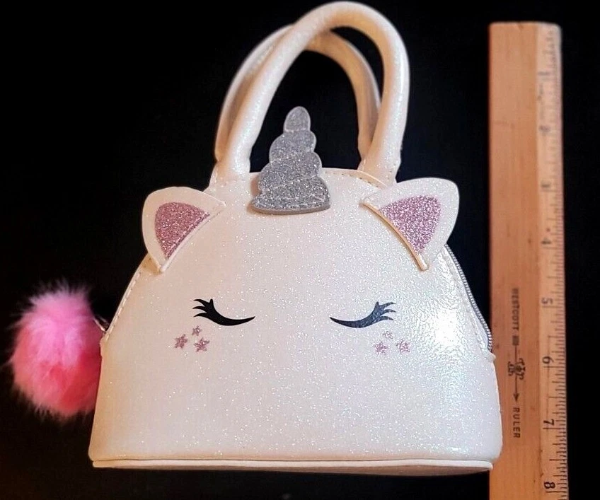H&M Carino Vinile Rosa Bianco 6" Unicorno Borsa Borsa a Mano con Cerniera con Fob Pompon; Nuovo con etichette oT