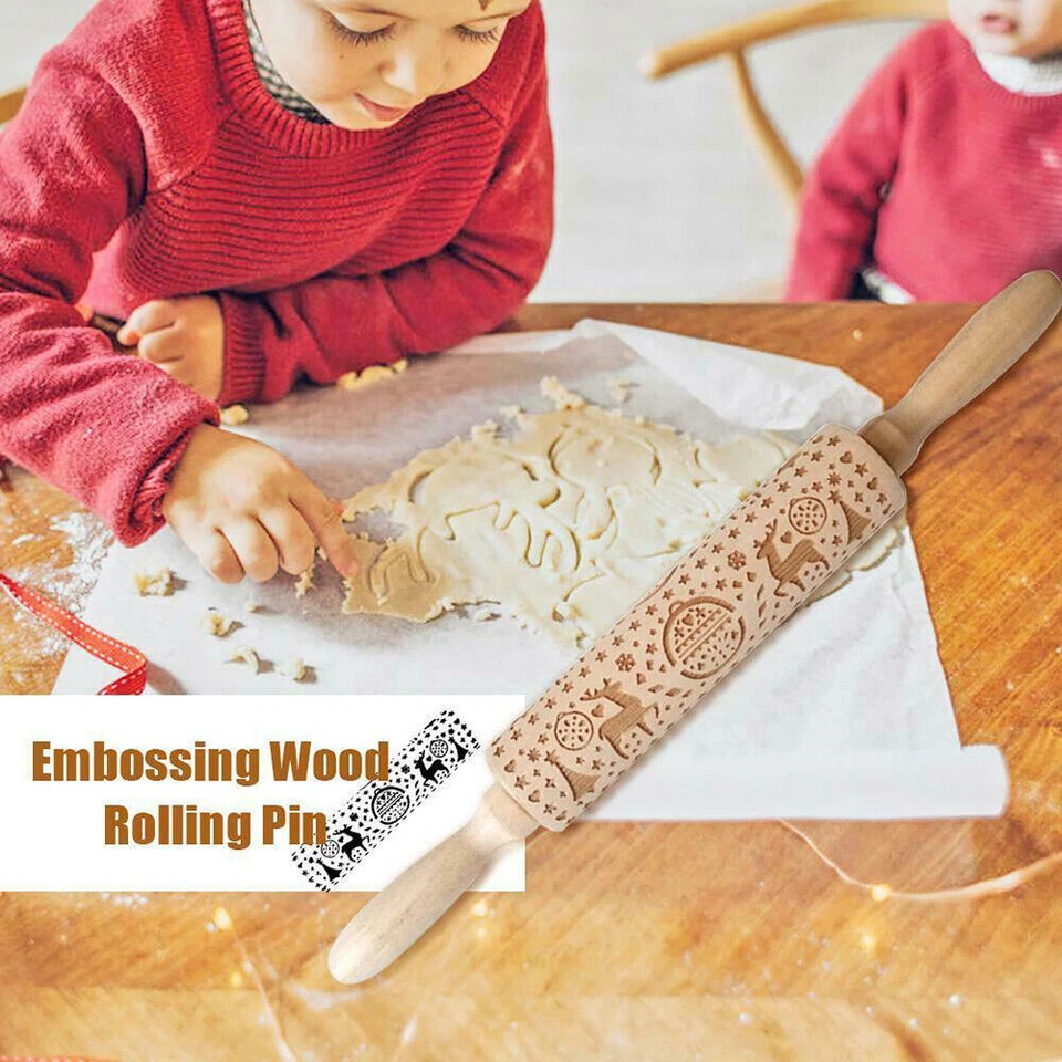 Christmas Wooden Embossing Rolling Pin Engraved Dough Baking Cookies Roller DIY - Image 2 of 4