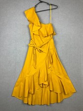 Worthier Dress Womens 8 Orange Faux Wrap Ruffle One Shoulder Pure Cotton