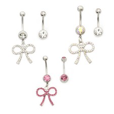 2 Pack Navel 14g Belly Button Jewelry 10 mm Ring W/ Bow Dangle  CZ Gem Barbell