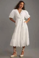 ANTHROPOLOGIE LOVE THE LABEL EMBROIDERED RUFFLED TIERED MAXI WRAP DRESS $268