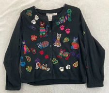 Michael Simon Cardigan Womens Large Black Embroidered Cats Long Sleeve