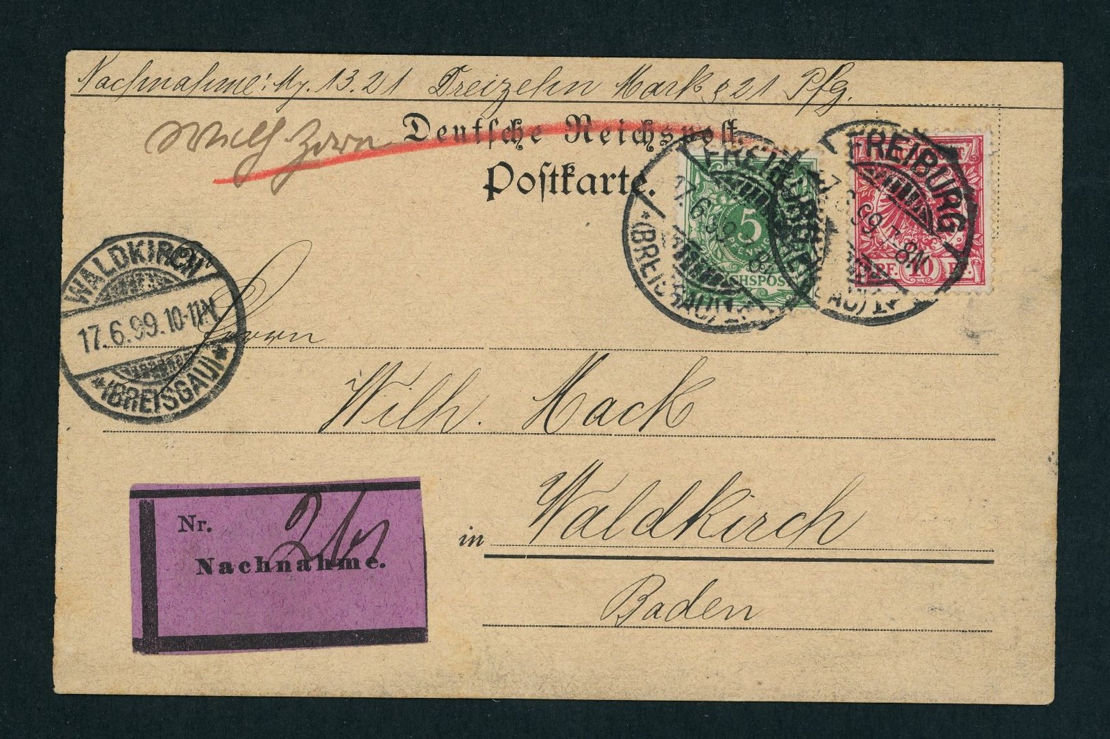 Dt. Reich contra reembolso postal tienda de papel Zorn Freiburg n. Waldkirh 1899