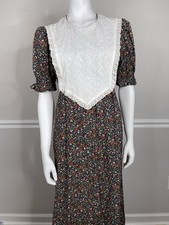 Vintage 70s handMade Dress Floral M Bib Lace Prairie Cottage Balloon Sleeve maxi