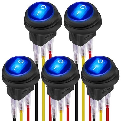 12V Waterproof Round Rocker Switch Blue LED Lighted [UL Listed] ON Off 3 Pin 12