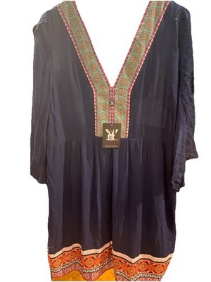 White Mark Navy boho style V-Neck Shift Dress Embroidered Lace Tie Back L