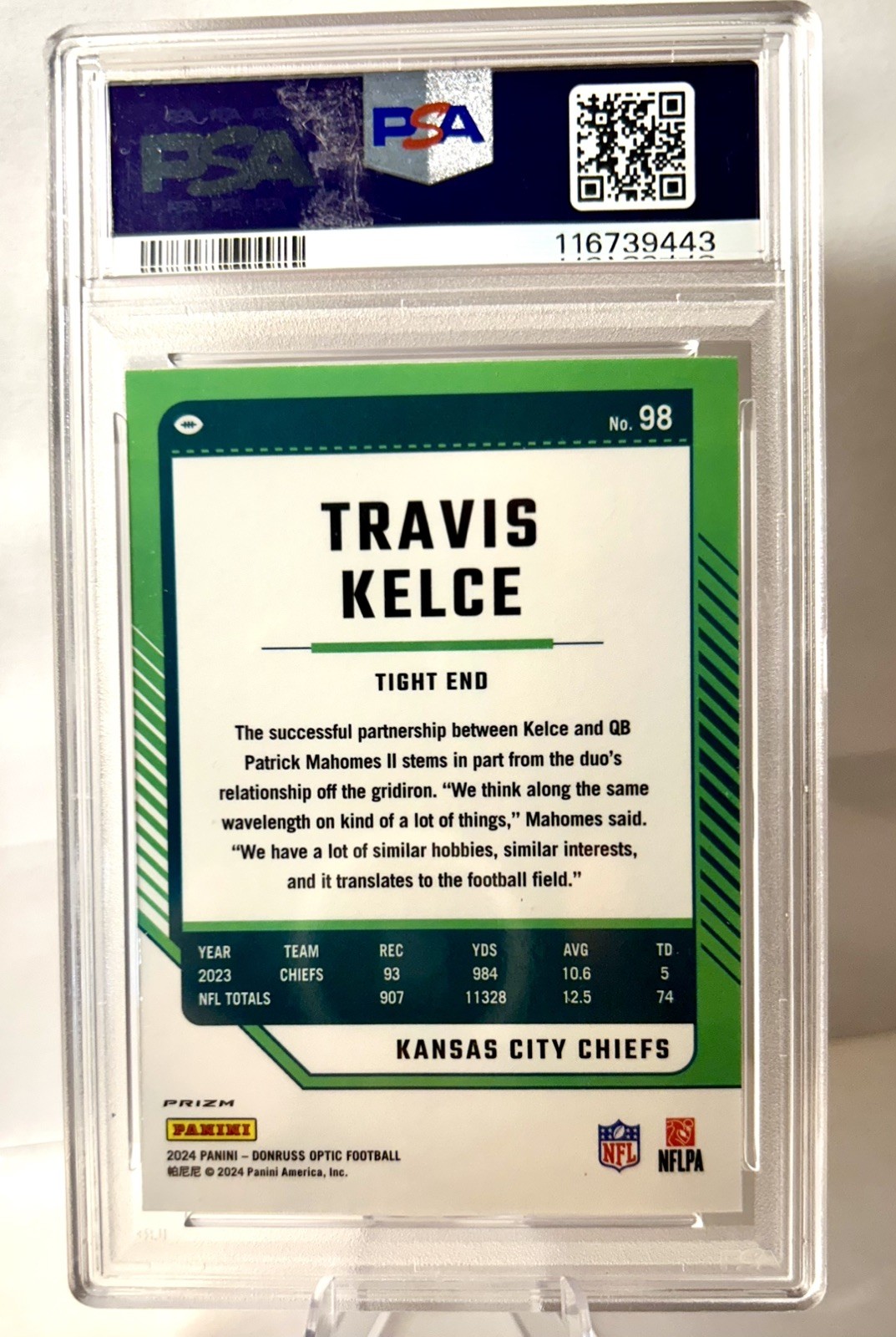 Travis Kelce 2024 Donruss Optic #98 Holo PSA 9 - Slab view 2