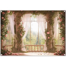 7x5ft Spring Window Scenery Photography Backdrop Pink Floral Green Forest