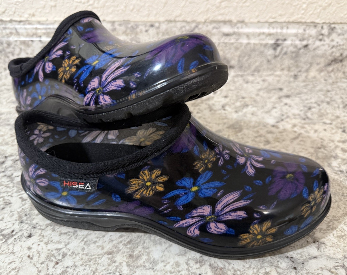 NEW Hisea Women's Garden Rain Shoe Waterproof Outdoor Slip-On Blk/Floral Size 10