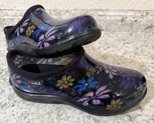 NEW Hisea Women's Garden Rain Shoe Waterproof Outdoor Slip-On Blk/Floral Size 10