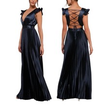NWOT Lulus Exceptional Drama Navy Blue Satin Ruffle Lace-Up Pleated Maxi Dress