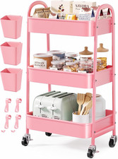 3 Tier Rolling Storage Cart Metal with Wheels, Pink Three Tiered Craft Cart Orga
