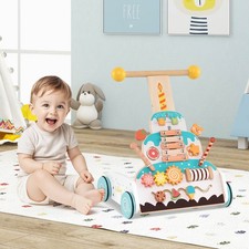 Wooden Baby Walker Ice Cream Cart Toy w/ Sweet Accessories Smooth Wheels