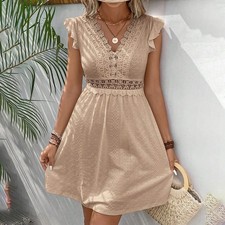 Women's V Neck Lace Mini Dresses Casual Summer Dress (S/XS) White & Beige